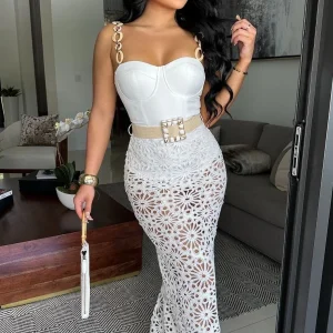 VESTIDO ISOLA ENCAJE CINTURON MADERA BLANCO